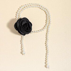 New White Pearl Beaded Black Flower Belt